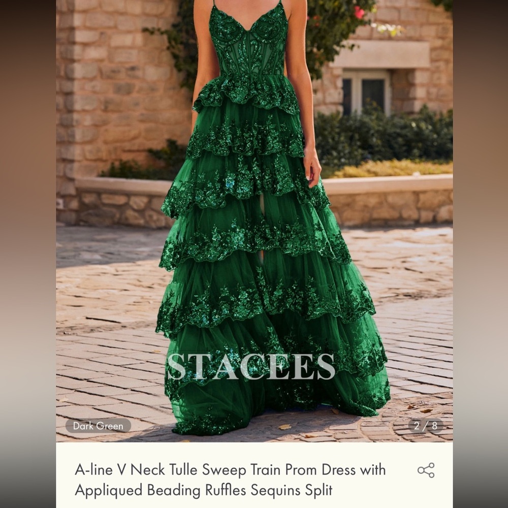 Stacees A-line V Neck Tulle train prom dress with beaded and sequin ruffles